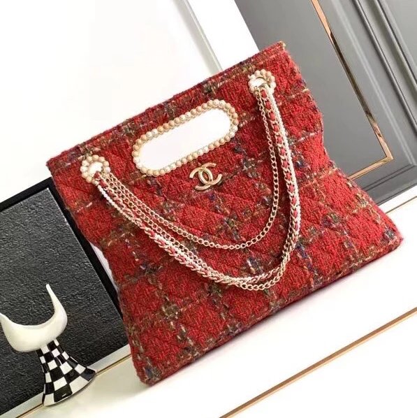 Chanel Women's Bag Top version 【High Version】CHANEL/23A High-End Handmade Workshop Green Tweed Pearl Wooden Bead Chain Bag Home New Portable Pearl Briefcase Pearl Bag Woolen Pearl Tote Clutch Dinner Bag Folding Bag