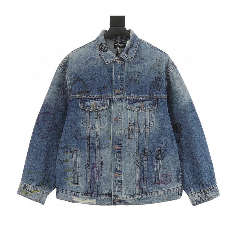 Balenciaga Jackets Doodle Hand Drawn Fun Denim Coat for Men and Women