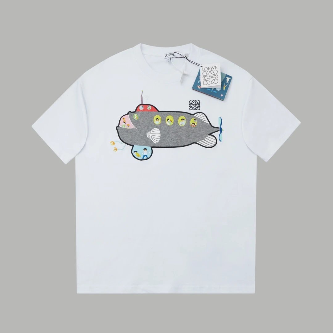 LOEWE T-shirt Submarine Whale Print on the Chest logo round Neck Short Sleeve25ss New Pure Cotton Unisex Style T T-shirt OS Loose Fit Base Shirt Half Sleeve T-Shirt Top Half Sleeve