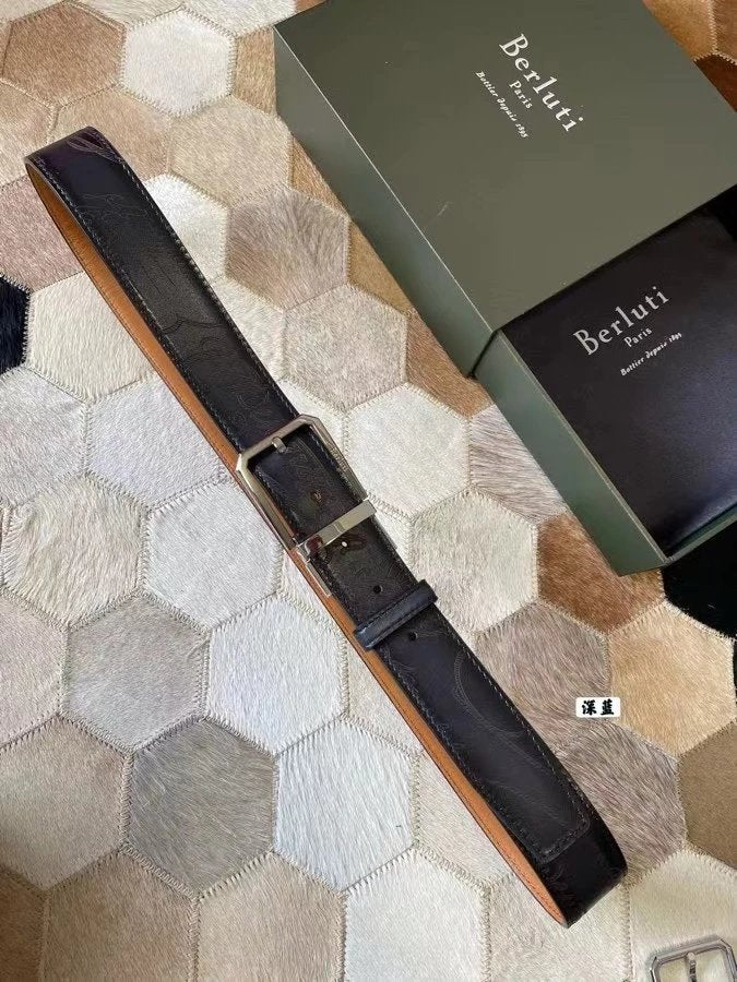 Berluti Belt Top version Original Single Men's New High-End Double-Sided Belt Waist Belt Pure Steel Rotating Pin Buckle Buckle Double-Sided Two-Color Totem Carving Carved Genuine Leather35mm Full Package Belt Men