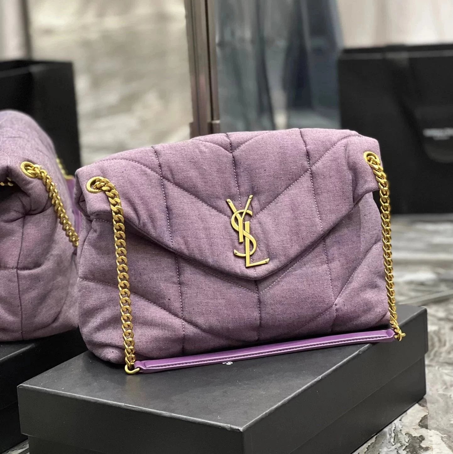 YSL Women's Bag Top version 【Original Leather】2022New Louloupuffer Launch New Color Linen Series Purple Green niki Raglan Sleeve Anticlinal Lower Bag Crossbody Bag