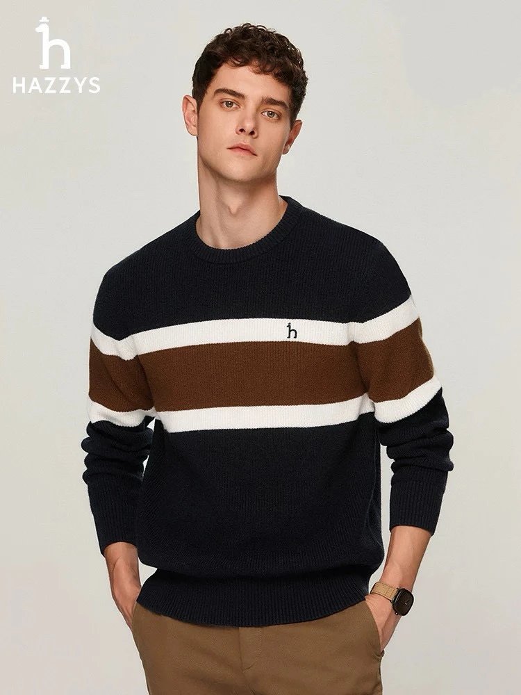 Hazzys Sweater Top Version2024Winter New Striped Contrast Color Sweater Men's Long Sleeve round Neck Warm Casual Top Fashion