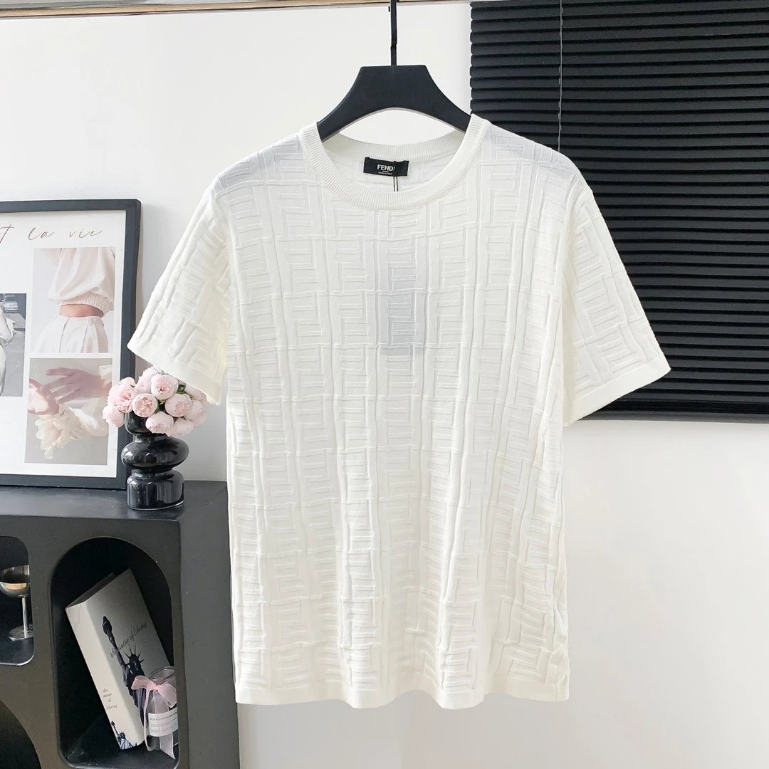 FENDI T-shirt Full Body Double F Texture logo round Neck Short Sleeve25ss New Pure Cotton Unisex Style T Casual T-Shirt Base Layer Shirt OS Loose Fit Half Sleeve Top Plus Size