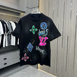 Louis Vuitton LV T-shirt Front Chest Pattern Spray Paint Hand-painted Print logo round Neck Short Sleeve25ss New Pure Cotton Unisex Style T T-shirt OS Loose Fit Base Shirt Half Sleeve T-Shirt Top Half Sleeve