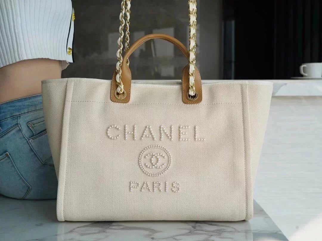 Chanel Women's Bag Top version 【Original Factory**】Small Fairy Pearl Embroidered Beach Bag Shopping Bag Mother Bag Tote Bag Pearl Beach Bag Vegetable Basket Women's Bag