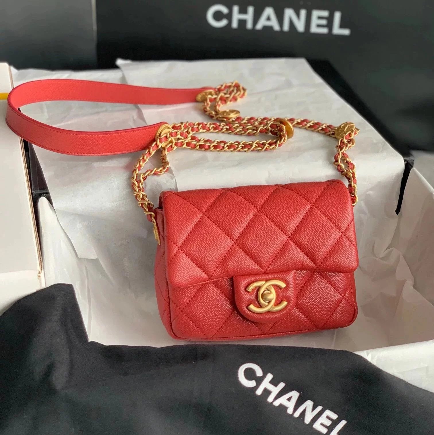 Chanel Women's Bag Top version 【Original Leather】22A New Gold Coin Square Fat Big miniCF Gold Coin Bag Caviar Cowhide Chain Flap Bag Crossbody Bag Shoulder Bag17cm22cm Chain Bag