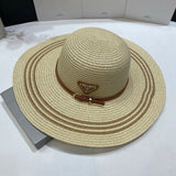 PRADA Hat Triangle mark logo Fisherman Hat Straw Hat Casual Sun Protection Outdoor Versatile UV Protection Plain Face Covering Sun Hat Flat Top Bucket Hat