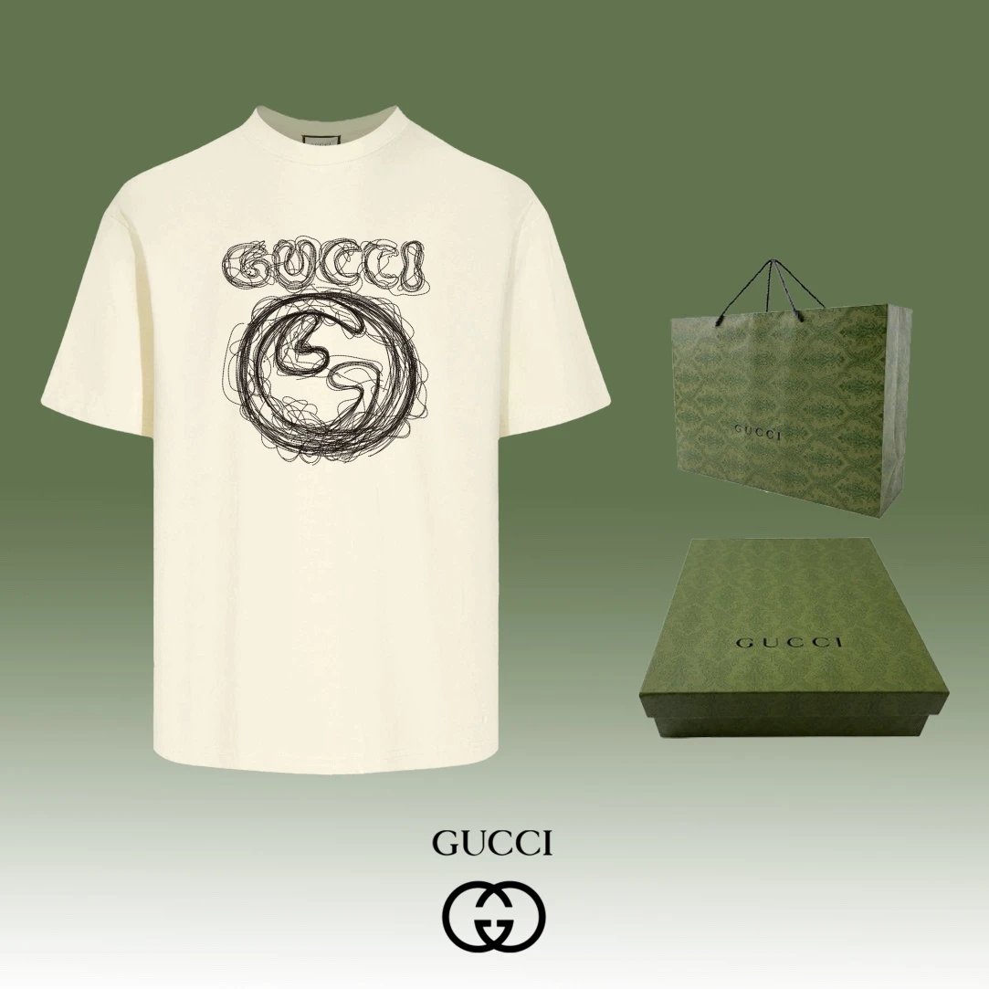 Gucci T-shirt Chest Sketch Style Double G Letter Printing logo round Neck Short Sleeve25ss New Pure Cotton Unisex Style T T-shirt OS Loose Fit Base Shirt Top Half Sleeve T-Shirt
