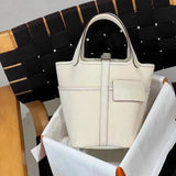 Hermes women's bag Top version H Home Food Basket cargo Bucket Bag nata Cream White Sesame Color Small Bucket picoton18cm Canvas Stitching swift Leather Counter New Hand Sewing