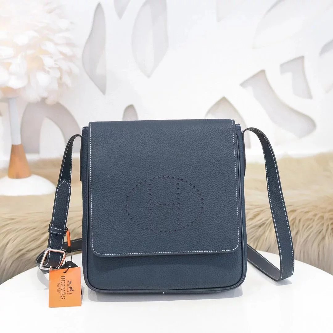 Hermes men's bag Top version Genuine Goods Grade New Classic Men's Fashion Flap Bag Crossbody Bag Men's Casual Shoulder Bag Men's Bag First Layer Cowhide Handbag Khaki Full Leather Black Canvas Handmade Big Bag