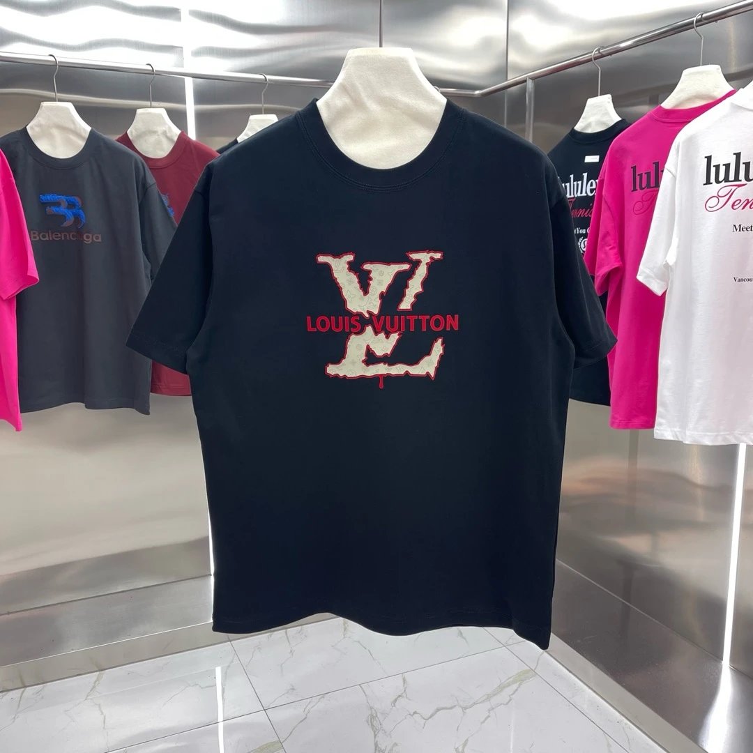Louis Vuitton LV T-shirt Silicone 3D Flocking Process Round Neck Short Sleeve25ss New Pure Cotton Unisex Style T T-shirt OS Loose Fit Base Shirt G Home Top Half Sleeve T-Shirt