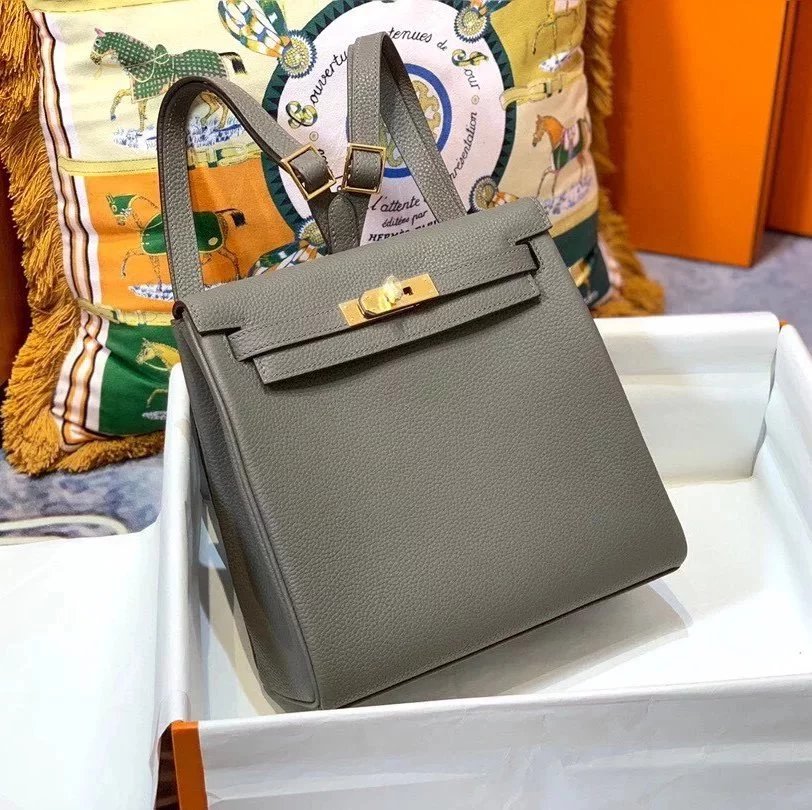 Hermes women's bag Top version h Handmade hermes High-End Backpack Backpack Men's and Women's Bag KellyAdo22cm Unisex Backpack Backpack Schoolbag Shoulder Bag Imported togo Leather Hand Sewing Wax Line