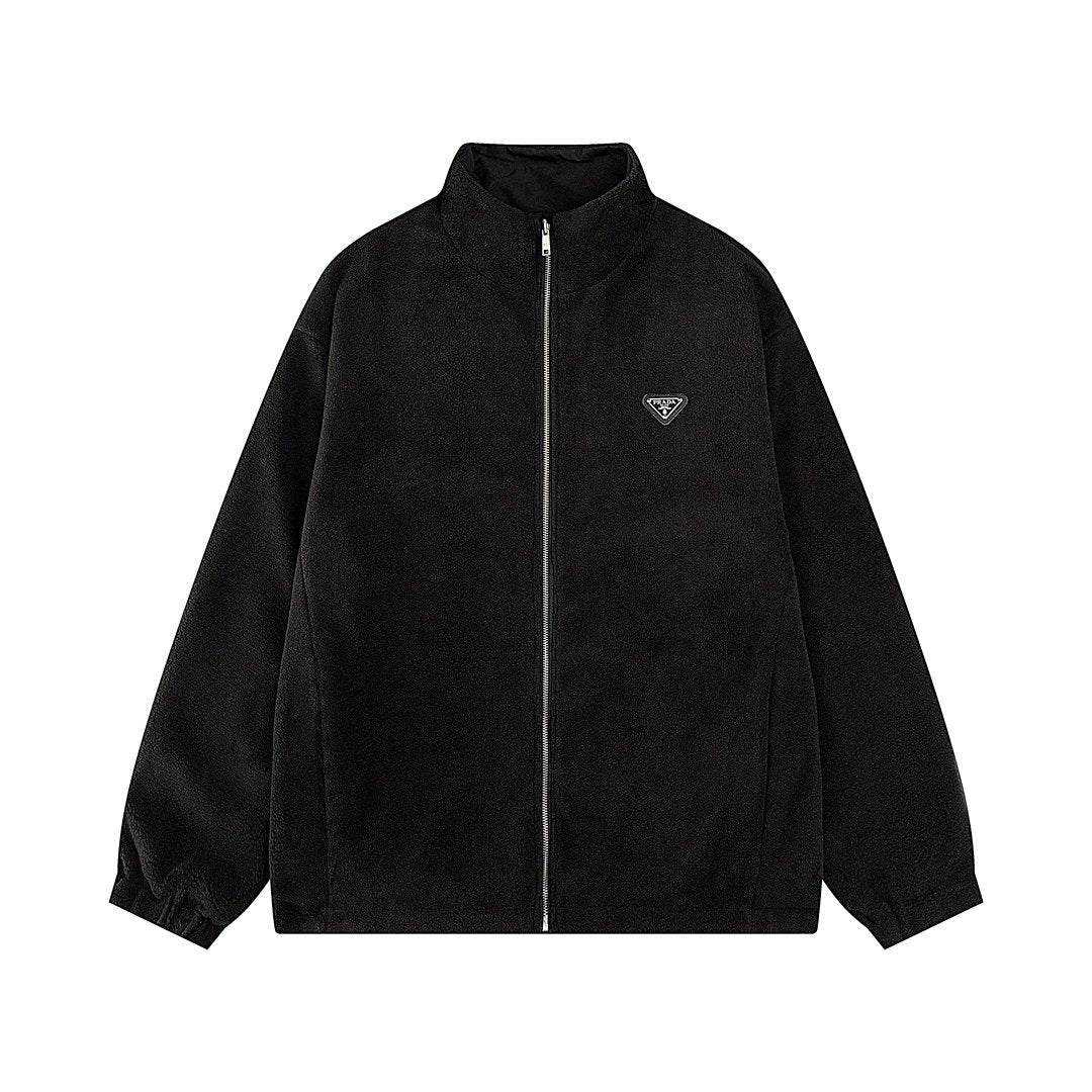 PRADA Jackets Triangle Logo Reversible Fleece Jacket Unisex Autumn Winter New Sports Casual Loose Fit Versatile