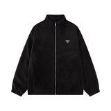 PRADA Jackets Triangle Logo Reversible Fleece Jacket Unisex Autumn Winter New Sports Casual Loose Fit Versatile