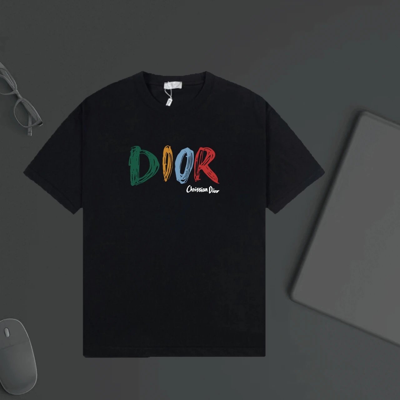 Dior T-shirt Colorful Hand-Painted Letter Print on Chest logo round Neck Short Sleeve25ss New pure cotton T Unisex T-Shirt OS Drop Shoulder Loose Fit Base Shirt Top T-Shirt Short Sleeve