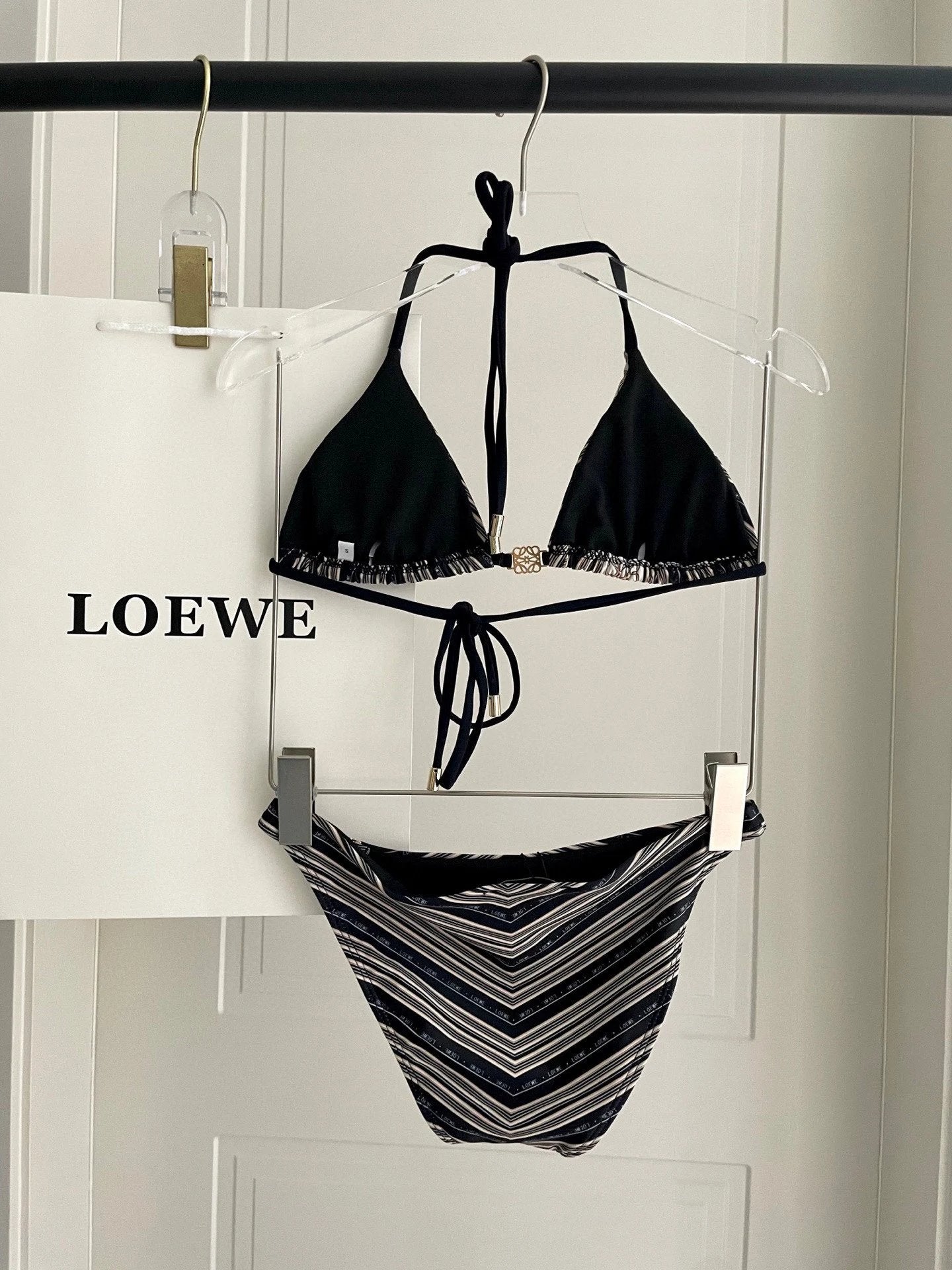 LOEWE Swimsuit Full Print Striped Pattern Bikini Two-Piece Swimsuit Sexy Beach Pool Vacation Hot Spring Small Chest Gathered Backless White Women's Swimwear