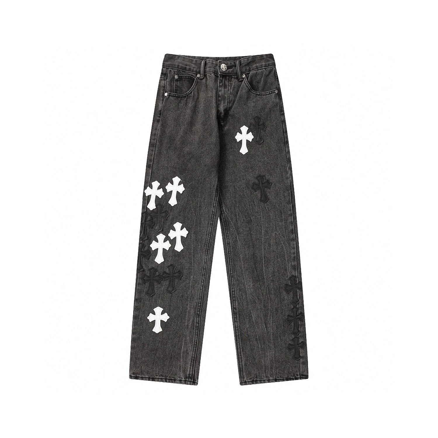 Chrome Hearts Jeans Top Version Jeans Cross Leather Tag Version Worn Jeans Casual Men and Women Slightly Loose All-Matching Contraction Trouser