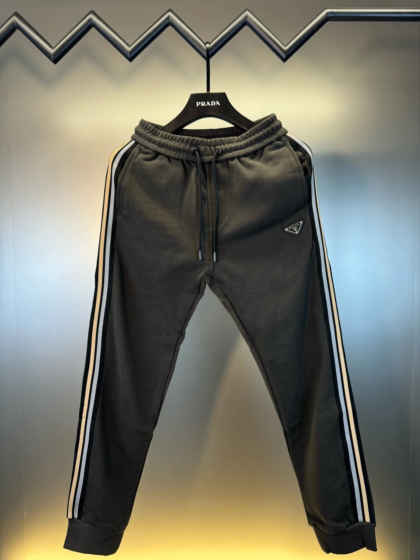 PRADA Sweatpants Metal Triangle Badge Tag logo Drawstring Jogger Sweatpants for Men and Women, Autumn and Winter Loose Fit, High Waist, Striped, Plus Size, Casual Pants