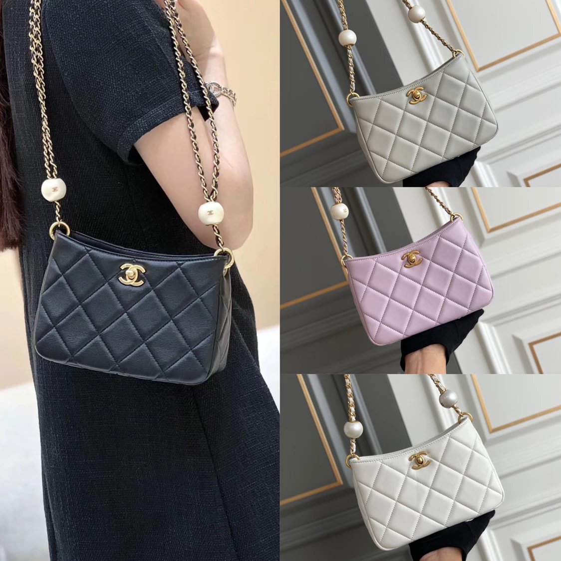 Chanel Women's Bag Top version 【Original Leather Highest Version】Produced24S Pearl hobo Bag Double Pearl Soup round Bag Pearl Adjustable Buckle hobo Wrapped Tangyuan hobo Shoulder Bag Crossbody Bag