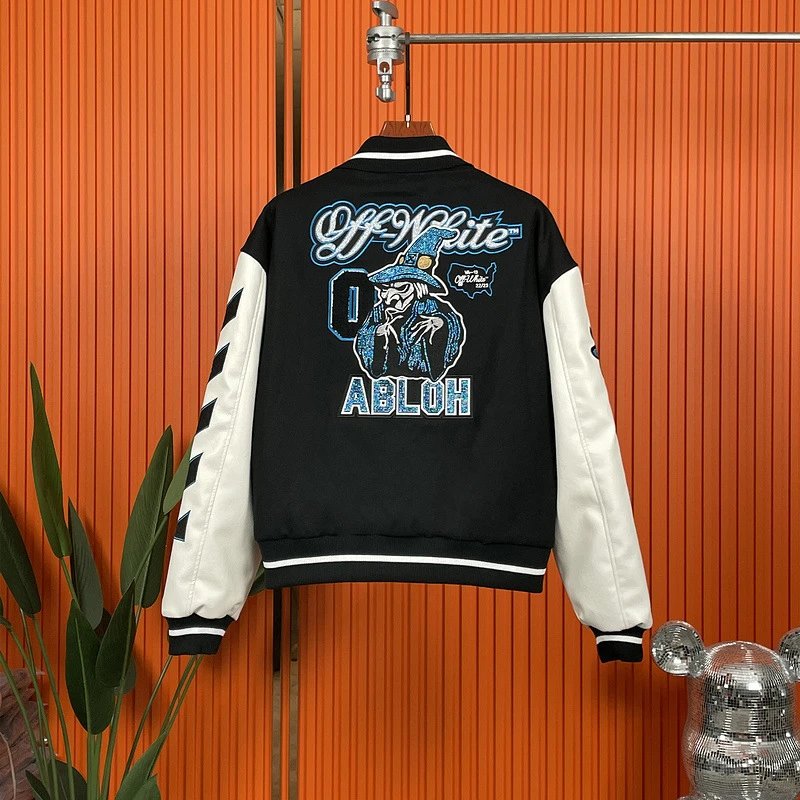 OFF-White Jackets Coats This Year's New Leather Patchwork Baseball Uniform European and American Fashion Brand Couple's Youth Street Fashion Jacket Jacket