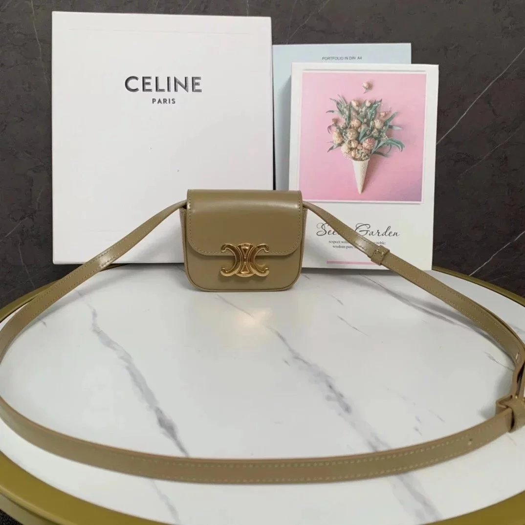 Celine women's bag Top version 【Kowloon Leather Original Leather】2022Spring New Super mini Triomphe Small Waste Bag11cmTriomphe Arc De Triomphe mini Earphone Bag Small Waste Bag2023New Color Cherry Blossom Pink New Women's Bag Shoulder Bag Messenger Bag S