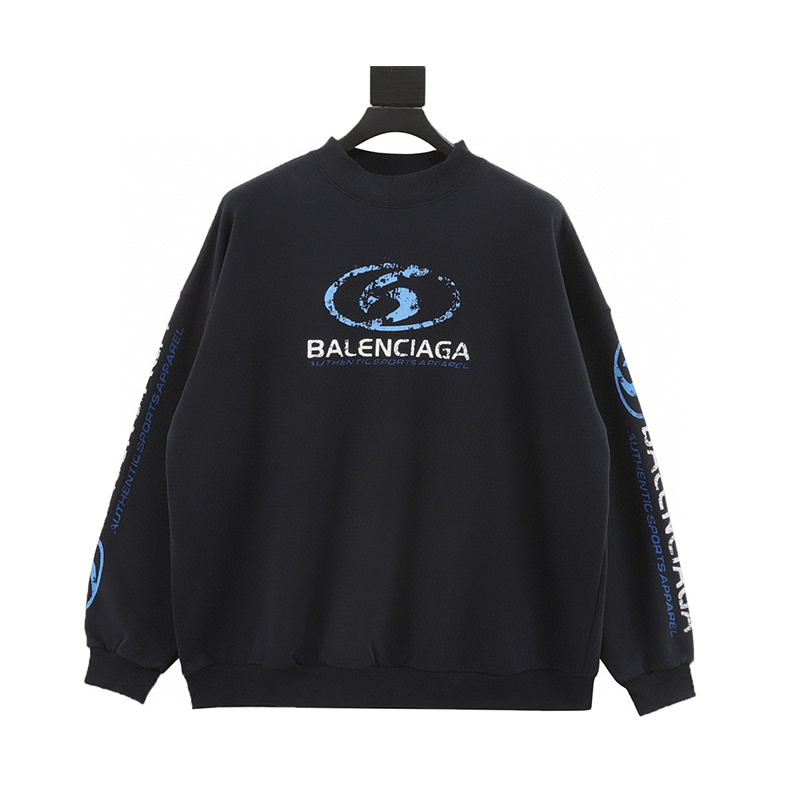 Balenciaga Hoodie 24FW Ripped Worn Looking Washed-out Surfing Printed Crew Neck Sweatshirt Same Style for Men and Women