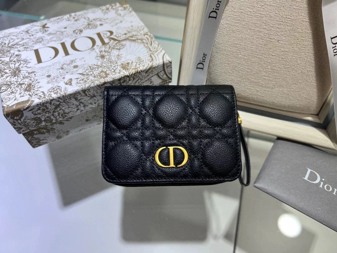 Dior Women's Bag Top version CARO Short Wallet Wallet Classic Logo Soft Calfskin Wallet with Zipper Coin Purse Two-Layer Wallet Women's Wallet