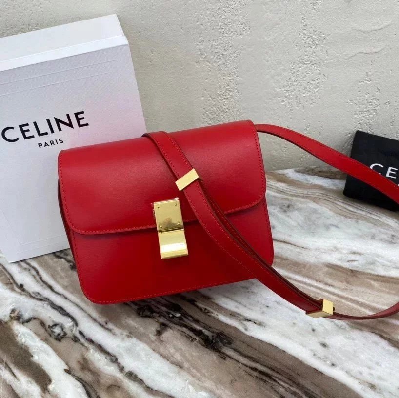 Celine women's bag Top version 【Original Leather】Classic ClassicBox Bag Teen Square Bag Stewardess Bag Box Bag Toothpick Pattern Cowhide Crossbody Women's Bag18.5cmTeenbox Bag