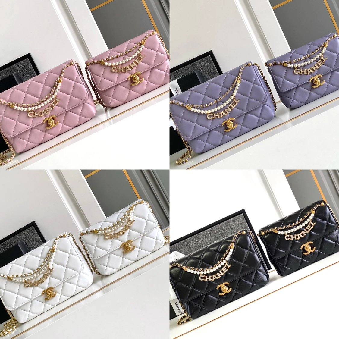 Chanel Women's Bag Top version 【Premium Original Leather】24A Pearl Chain Bag Rhinestone Letters Pendant CF Fang Fat Man Flap Bag24a Pearl Bag Pearl Chain Square Fat Original Lamb Skin Pearl Chain Flap Bag