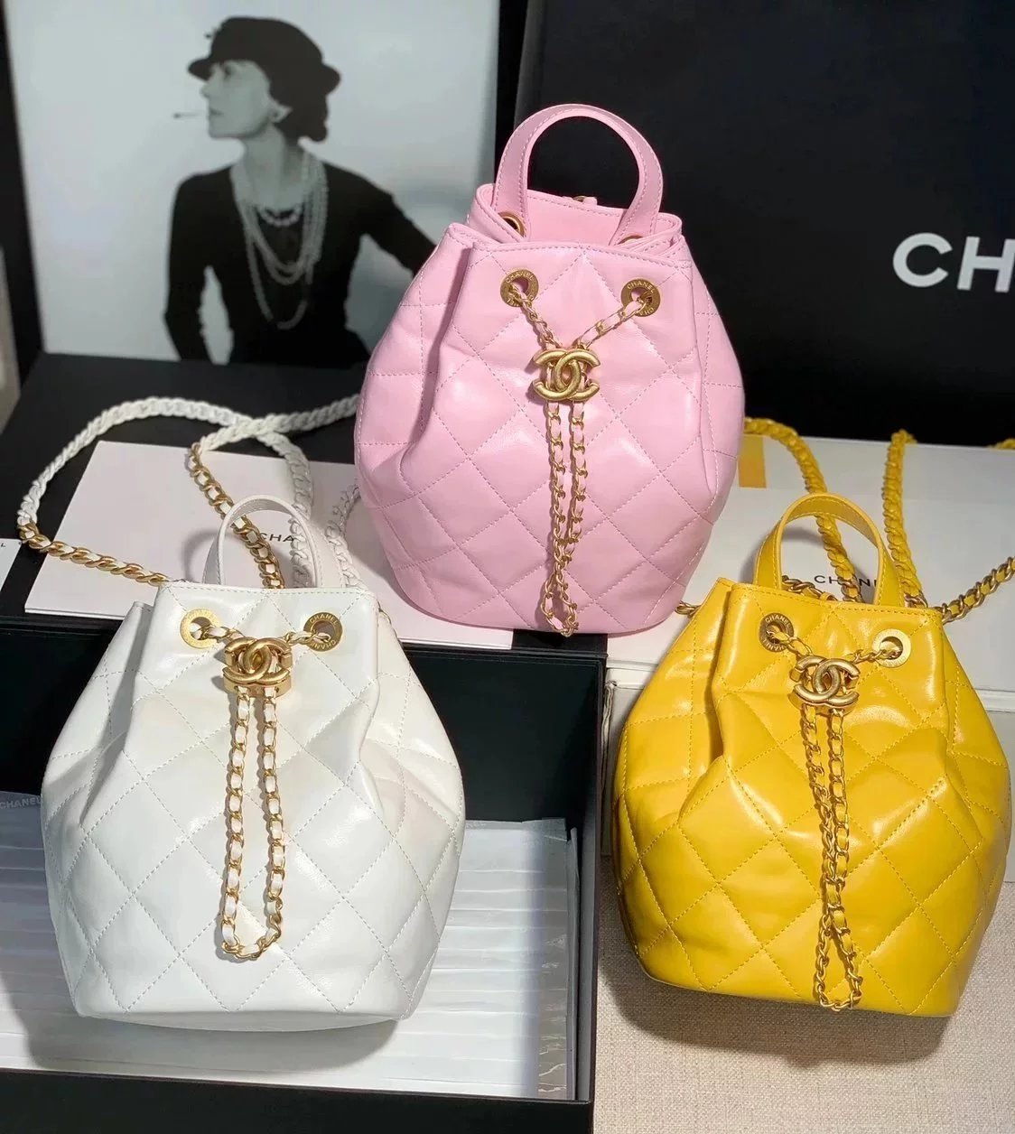 Chanel Backpack Bag Top version 【**Original Leather】22s Dual-Use Backpack Drawstring Design Small Bucket Bag Backpack Sheepskin Material Double Chain Hand-Carrying Bucket Bag Shoulder Bag Women's Bag New Color