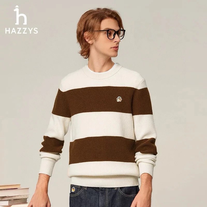 Hazzys Sweater Top Version Autumn and Winter New Crew Neck Pullover Sweater Knitwear Men's Business Casual High Quality Vintage Stripe