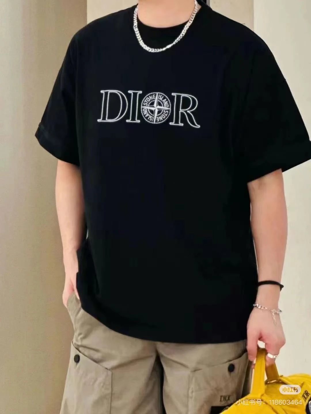 Dior T-shirt Collaboration Embroidered Crew Neck Short Sleeve25ss New Pure Cotton Unisex Style T Casual T-Shirt Base Layer Shirt OS Loose design