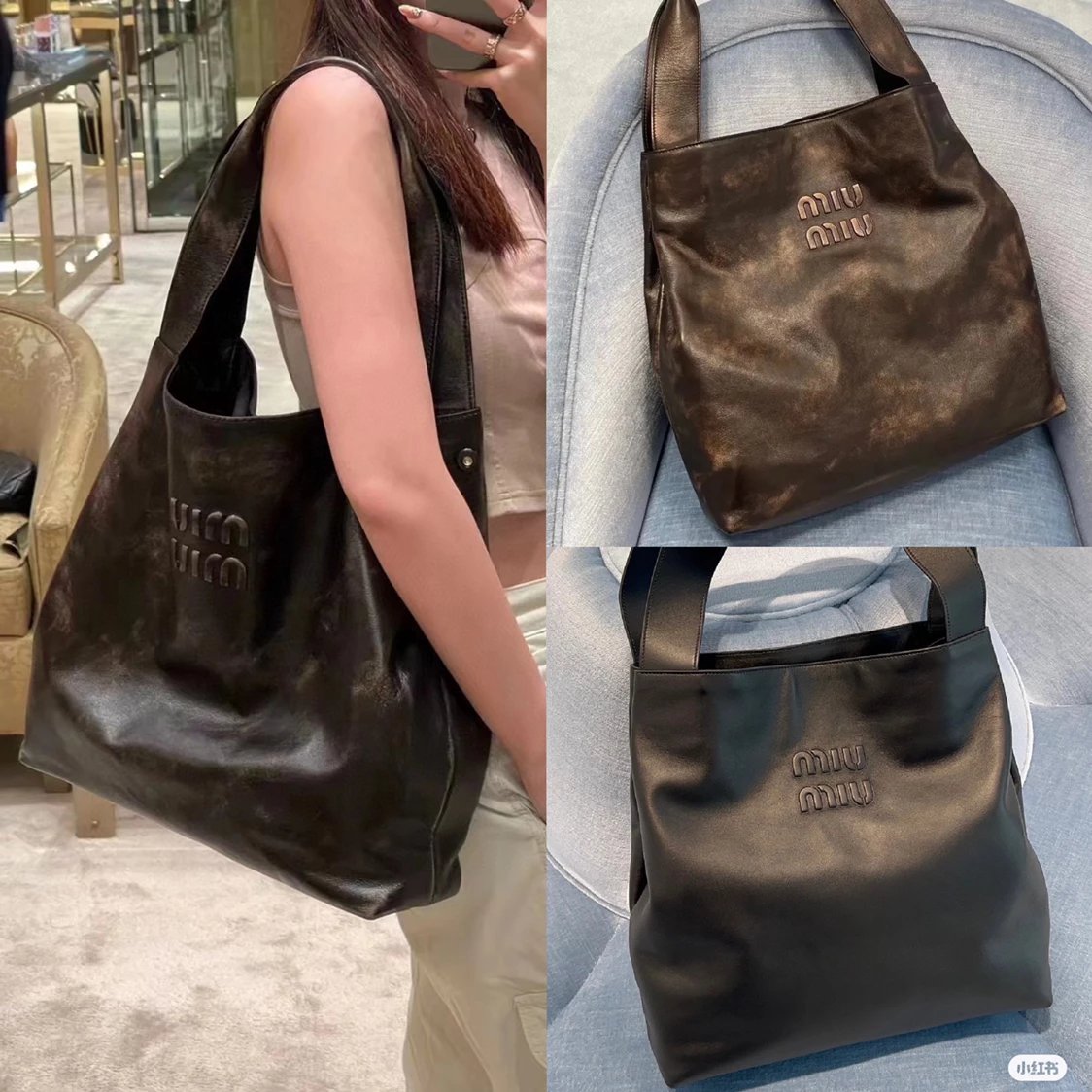 Miu Miu Bag Top version 【Original Order】New Leather Hobo Underarm Bag Shoulder Bag Handbag Women's Bag Retro Distressed Women's Tote Bag5BC119