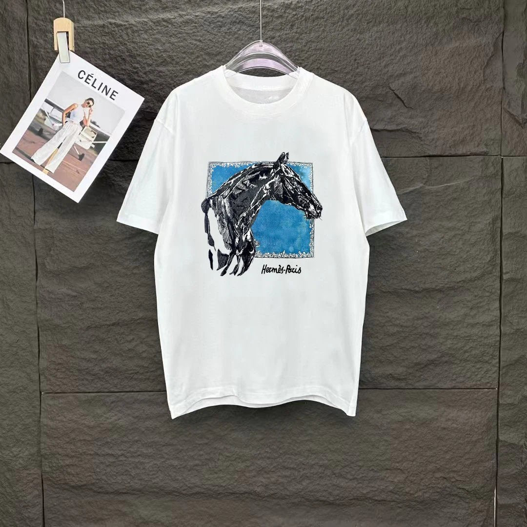 Hermes T-shirt Chest Brand Pattern Print logo round Neck Short Sleeve25ss New pure cotton T Unisex T-Shirt OS Loose Fit Base Shirt Top Half Sleeve T-Shirt
