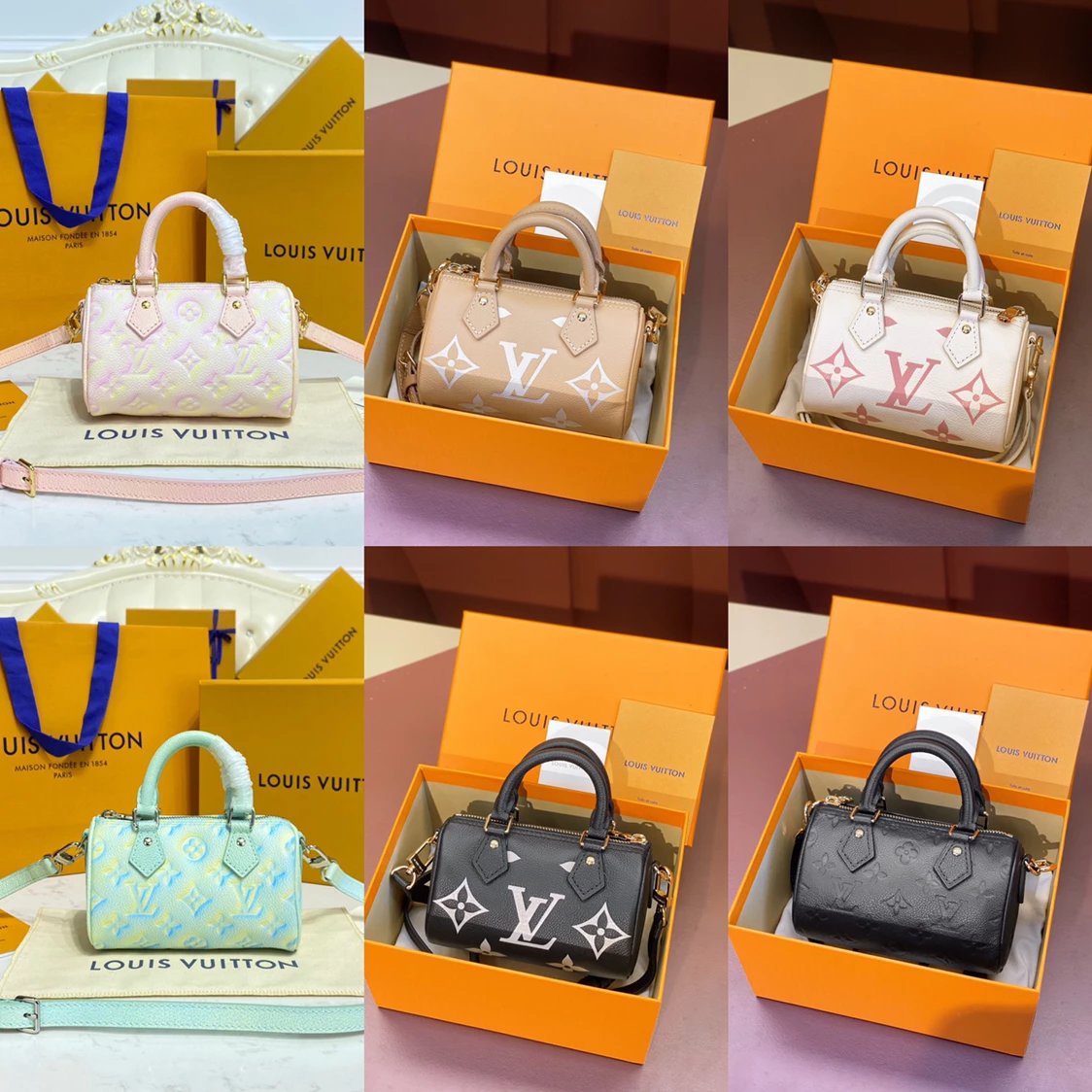 Louis Vuitton LV Women's Bag Top version 【Super Original Factory】M81456Black M81457Brown 100% Leather Embossed Silk Screen NANOSPEED Mini Handbag mini Boston Pillow Bag Detachable Shoulder Strap Messenger Handbag Women's Bag