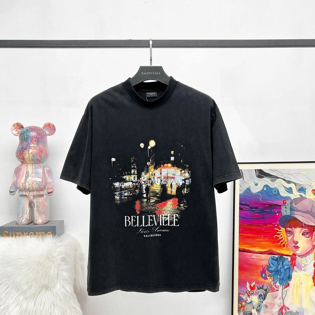 Balenciaga T-shirt City Night Scene Direct Print Washed Vintage Crew Neck Short Sleeve25ss New Pure Cotton Unisex Style T T-shirt OS Loose Fit Base Shirt Top Half Sleeve T-Shirt
