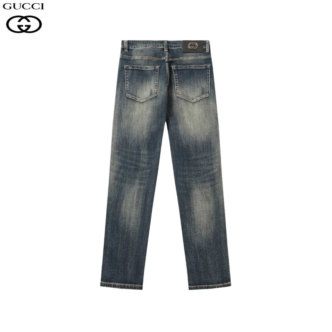 Gucci Jeans Back Waist Leather Tag logo Straight Washed Blue Jeans Autumn Winter New Unisex Loose Casual Wide Leg High Waist Pants