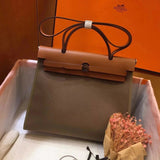 Hermes men's bag Top version 【H Handmade】Canvas Bag herbag31Canvas Stitching Leather One Shoulder Women's Crossbody Handbag Elephant Gray Electric Light Blue