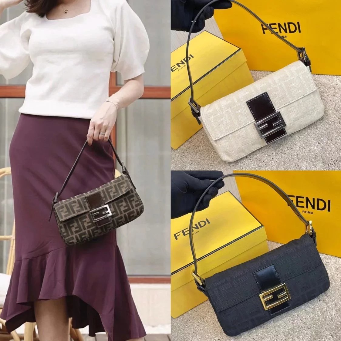 FENDI Women's Bag Top version Underarm Bag Middle-Ancient Classic Double F Presbyopic vintage Baguette Canvas Original Leather Calfskin Portable Shoulder Bag FF Buckle Brown Flip Vintage Women's Bag Cosmetic Bag Lunch Box Bag Crossbody Bag