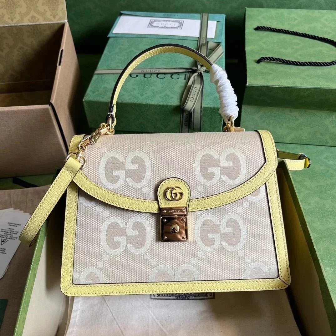 Gucci Women's Bag Top version 【Original Surrogate Shopping Grade】2023New Color Matching Yellow Pattern Oatmeal Color beigeOrphidia Series Handbag2022New Beigewhite Milk Tea Color topHandle Shoulder Crossbody Handbag File Holder651055