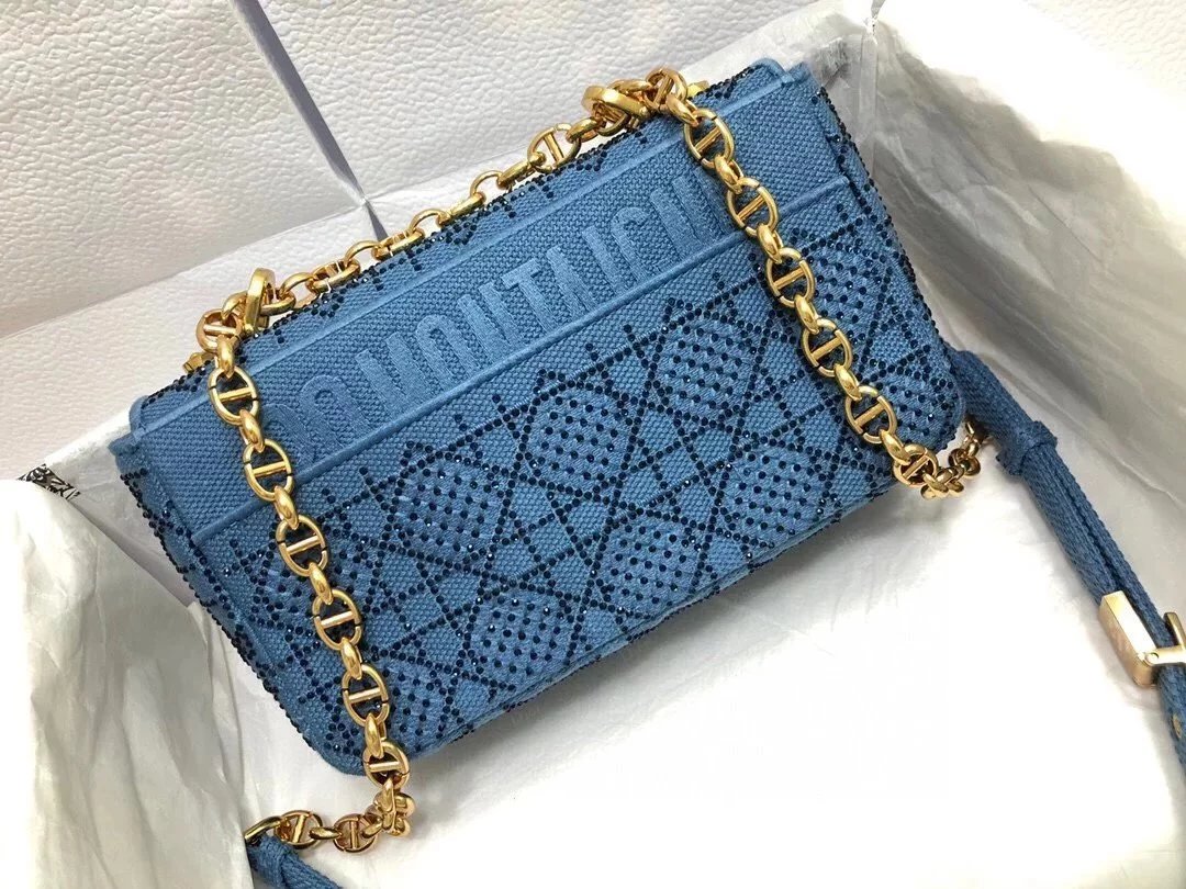 Dior Women's Bag Top version Women's Bag Embroidery Denim Blue Diamond caro Handbag Flip Chain Bag Shoulder Crossbody Women's Small Size Bag