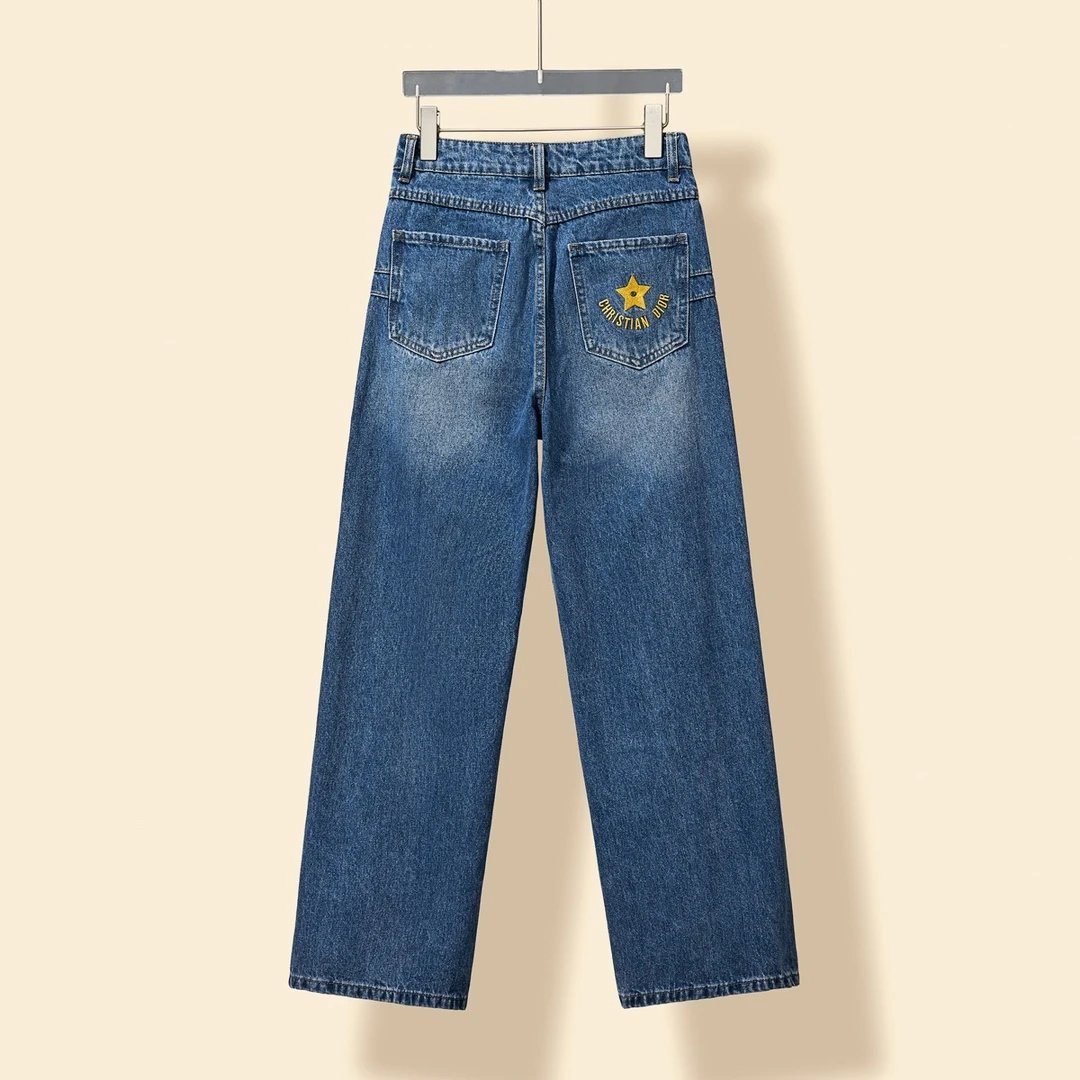 Dior Jeans Five-Pointed Star Embroidered Denim Straight-Leg Pants for Women Versatile Casual