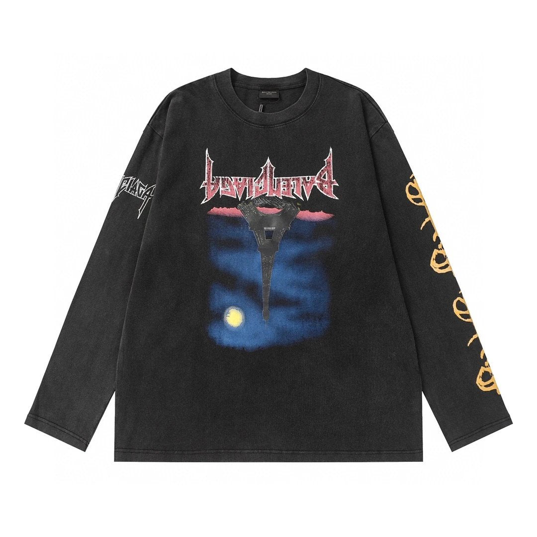 Balenciaga Hoodie Tower Spray Ink Graffiti Print Crewneck Sweatshirt OS Long Sleeve Base Shirt Jacket Top Fashion Unisex Sports Casual Loose Fit Versatile Autumn Winter New Arrival