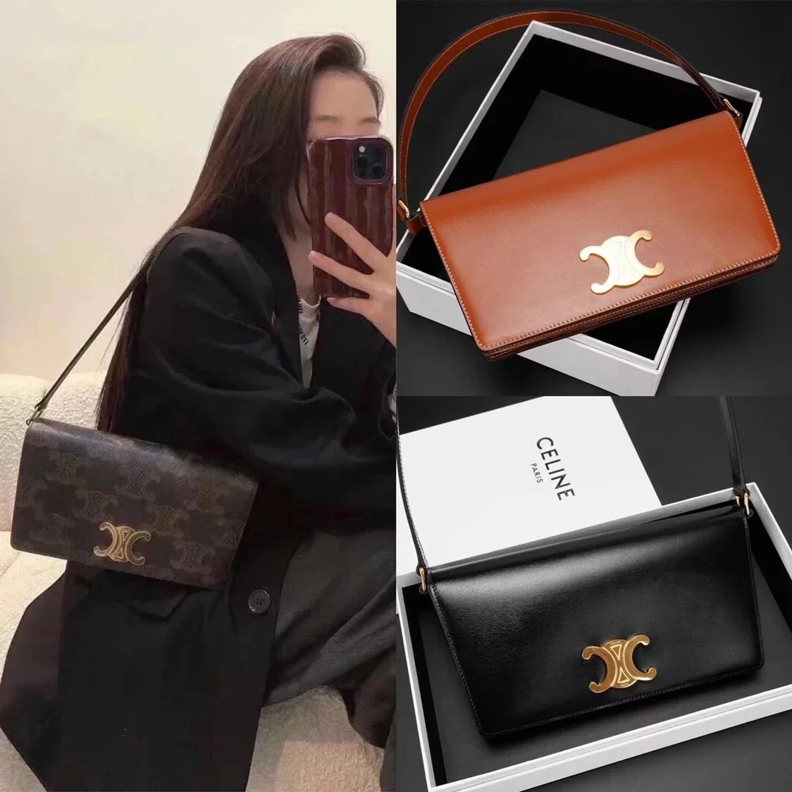 Celine women's bag Top version 【Ceiling Level】2022Autumn and Winter New Underarm Bag trapezetriomphe Retro Arc De Triomphe Underarm Bag Clutch Shoulder Bag Genuine Leather Bag Women's Bag
