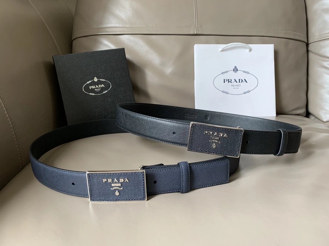 PRADA Belt Top version New Original Order Genuine Belt Men's Pin Buckle Belt Business Casual Cross Pattern Black Coffee Double-Sided Pure Original Leather Imported from Italy Cowhide Leather