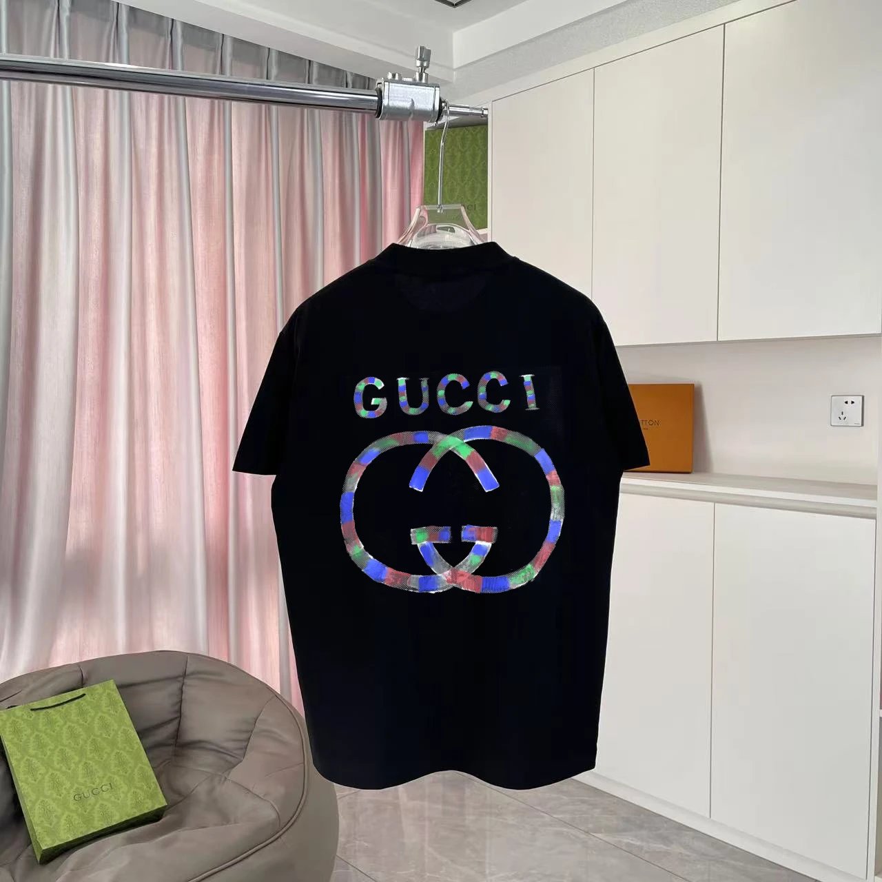 Gucci T-shirt Colorful double back G Letter Printing logo round Neck Short Sleeve25ss New Pure Cotton Unisex Style T T-shirt OS Loose Fit Base Shirt Half Sleeve T-Shirt Top Half Sleeve