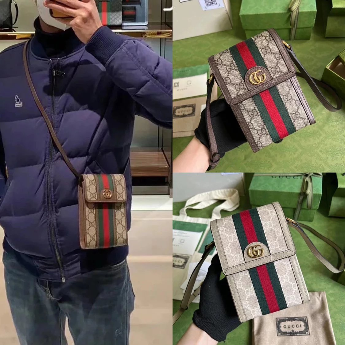 Gucci Men's Bag Top version 【Original Genuine Goods Leather】New Brand New Fashion Series Mobile Phone Bag Messenger Bags Shoulder Bag Men's and Women's Bags Ophidia Presbyopic Mobile Phone Bag11cm Model：696056