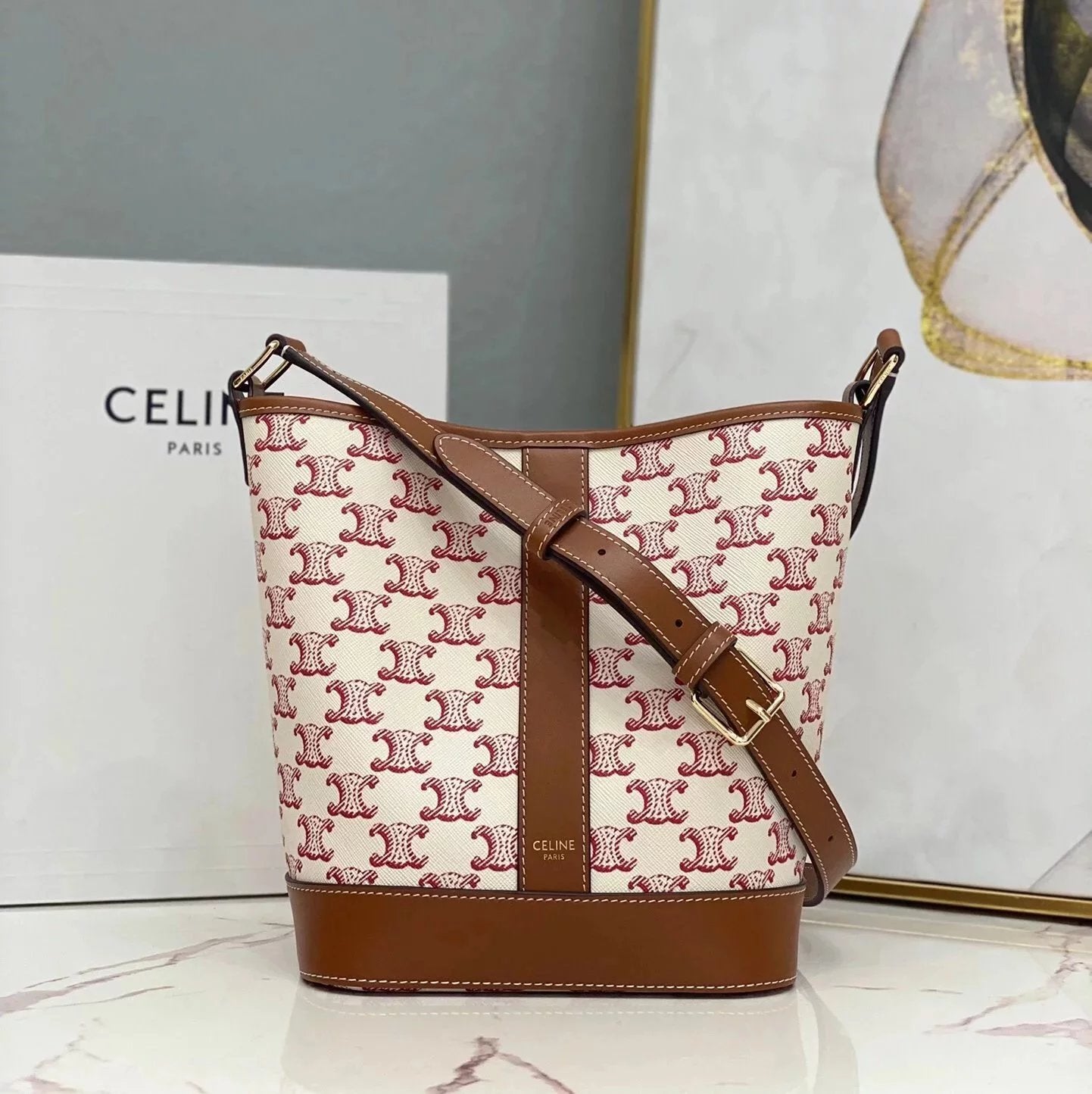 Celine women's bag Top version Home TriompheCanvas Arc De Triomphe Series Bucket Bag Vintage Presbyopic Bucket Bag canvas Bucket Bag Shoulder Crossbody Women's Bag Adjustable Shoulder Strap191442192132New Size Mini Version Retro Patterns100433