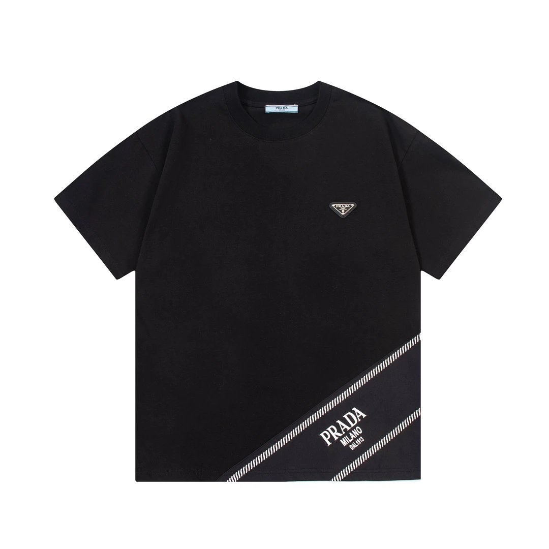 PRADA T-shirt Front Patchwork Letter Print Metal Triangle Logo logo round Neck Short Sleeve25ss New Pure Cotton Unisex Style T Casual T-Shirt Base Layer Shirt OS Loose Fit Half Sleeve Top Plus Size