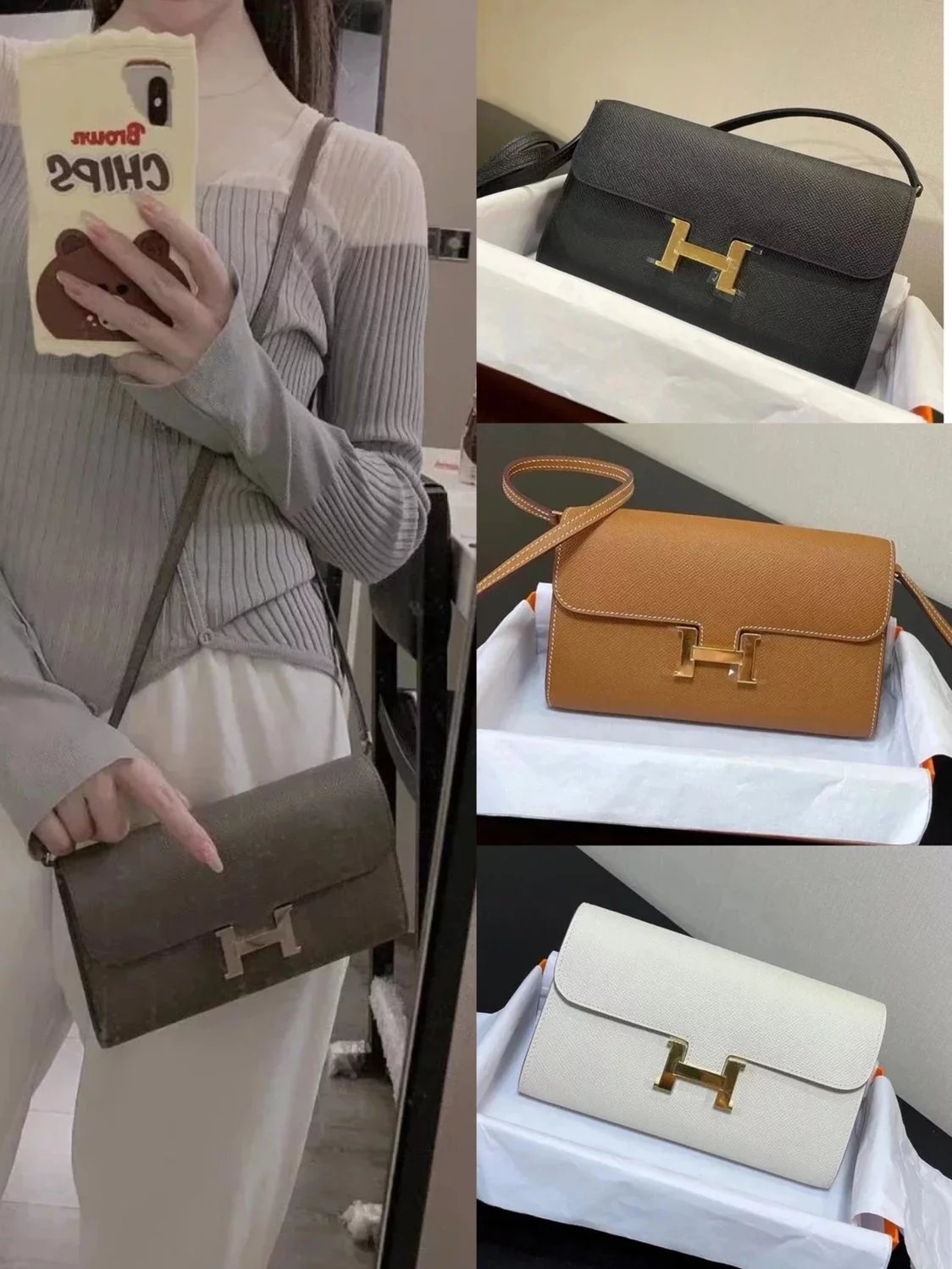 Hermes women's bag Top version New Kangkang Women's Bag epsom Leather Palm Print ConstanceToGoWoc Shoulder Crossbody Handbag Clutch Long Long Purse Wallet Dinner Bag